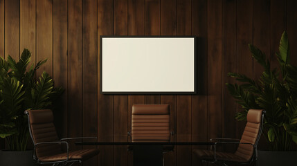 Modern executive office mockup with wall-mounted TV and stylish seating arrangement