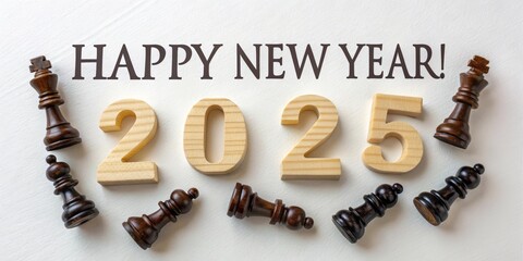 New Year's Celebration with Chess and 2025 - A vibrant composition showcasing 2025 with chess pieces, symbolizing strategic beginnings and the joy of a new year.