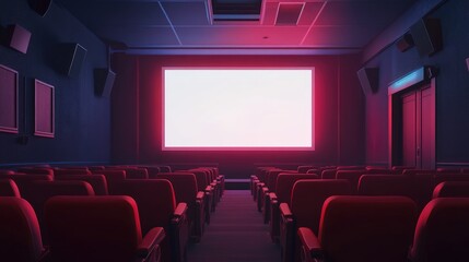 Cozy and Empty Cinema Hall with Red Seats and Large Screen in Bright Lighting Ready for Movie Screening or Presentation Event
