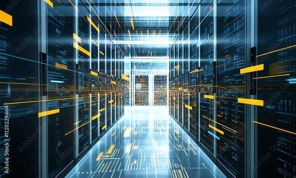 Poster exploring a futuristic data center with vibrant lights and cutting-edge technology in a high-speed d