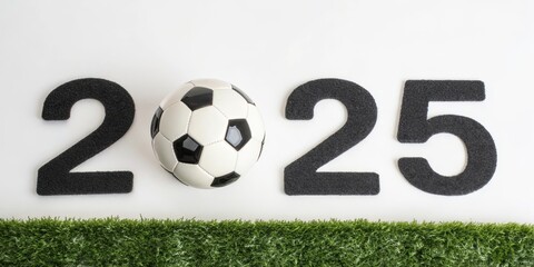 Soccer 2025 Celebration with Ball and Grass - A vibrant representation of soccer with the year 2025 and a classic black and white soccer ball surrounded by lush green grass.