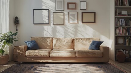 Fototapeta premium A cozy living room featuring a beige sofa, decorative frames, and a plant, illuminated by sunlight.