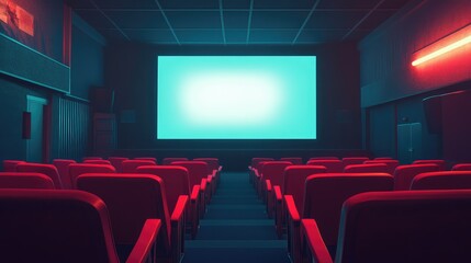 Modern and Stylish Empty Movie Theater Interior with Red Seats and Bright Projection Screen in a Darkened Atmosphere Ideal for Film Viewing Experience