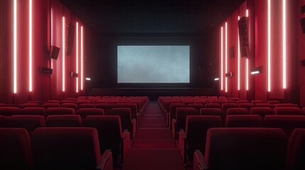 Modern Cinema Interior with Red Lighting and Empty Seats, Showcasing a Large Blank Screen in a Comfortable Movie Theater Environment