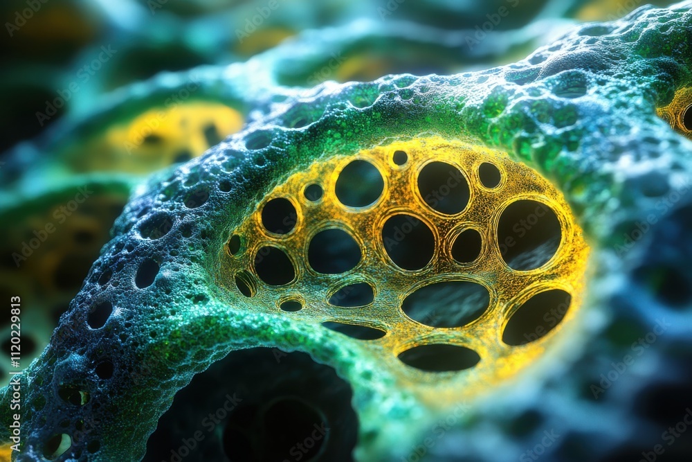 Poster a close-up view of colorful, porous structures resembling cellular or organic forms.