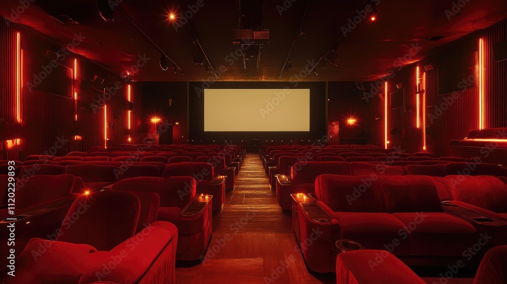 Poster cozy and intimate empty movie theater with plush red seats and soft lighting ready for a memorable c