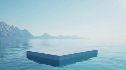 Obraz premium Serene Concrete Platform Floating Calm Ocean Mountains