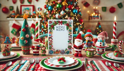 Colorful Christmas Table with Menu and Whimsical Decorations Featuring Santa and Snowmen