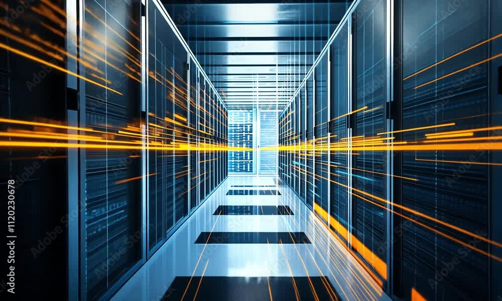 Poster experience the high-speed journey through a futuristic data center with vibrant digital streams and 