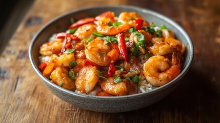 Fototapeta premium A delicious bowl of shrimp stir-fry served over rice, garnished with vegetables.