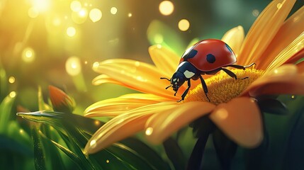 Naklejka premium A ladybug crawling delicately on the petals of a yellow daisy in a lush garden setting
