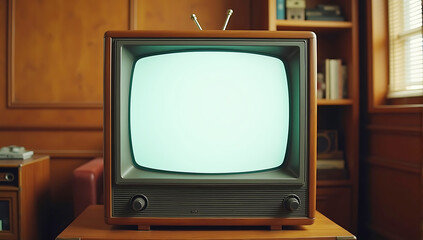 Vintage tv set retro television with empty screen, wooden paneled walls, 1960s decor, nostalgic ambiance, warm lighting
