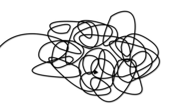 Hand drawn tangle scrawl sketch or white line like finding a solution abstract scribble shape. 4K render footage animation