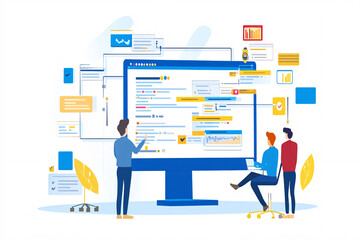 An IT business team working together, with a large screen showing code for both back-end and front-end programming illustration