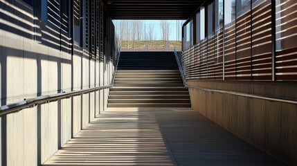 A modern corridor leading to stairs, illuminated by sunlight and casting long shadows.
