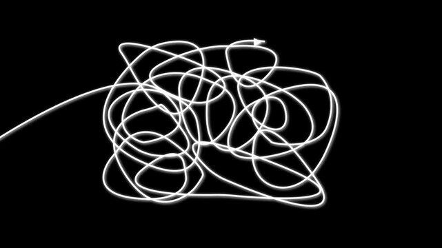 Hand drawn tangle scrawl sketch or white line like finding a solution abstract scribble shape. 4K render footage animation