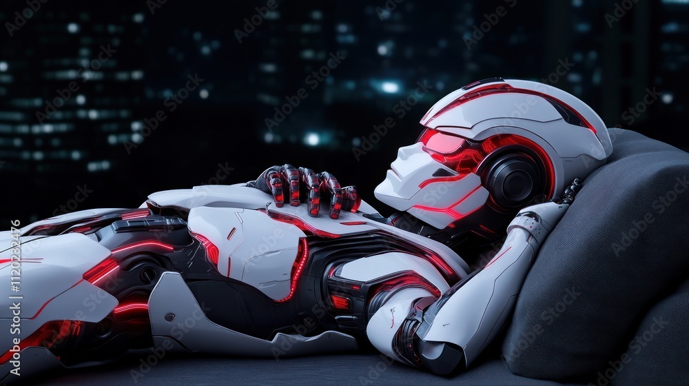 Poster a futuristic robot reclining on a couch in a cityscape setting.