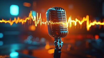 Soulful Serenade: Vintage Microphone with Vibrant Sound Waves