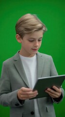 A blockchain enthusiast teen explaining cryptocurrency concepts on a tablet, background is greenscreen