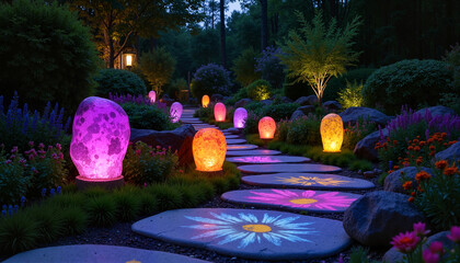 Garden path illuminated by unusual lanterns made of translucent glowing stones casting colorful patterns
