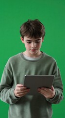 A blockchain enthusiast teen explaining cryptocurrency concepts on a tablet, background is greenscreen