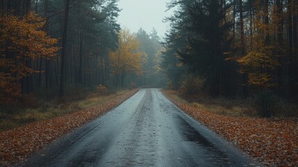 Fototapeta premium Misty autumn road through a forest.