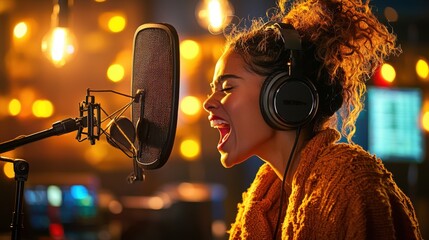Emotive Podcaster Recording Powerful Voiceover with Microphone and Headphones in Home Studio Setting