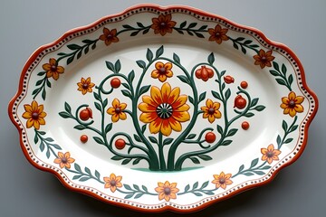 Folk Art Floral Oval Platter in Orange and Green for Festive Dining
