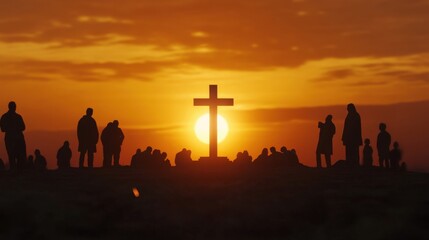 Sunset silhouettes of people gathered around a cross