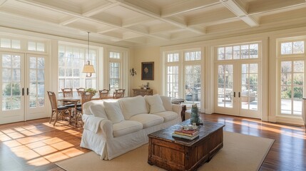 Fototapeta premium Bright and airy living room with a cozy sofa and dining area, featuring large windows and wooden floors.