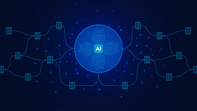 AI powered software concept with futuristic microchip and document connections. Digital technology to improve business management organizing information from large amounts of data