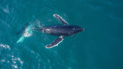 Obraz premium With sunlight shimmering on the surface, a playful baby humpback whale gracefully swims and splashes in the vibrant blue ocean, showcasing its curiosity and joy