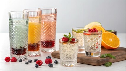 Artfully displayed are an eclectic mix of glass tumblers and shot glasses featuring unique textures and finishes alongside an eyecatching assortment of colorful garnishes like