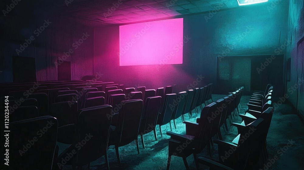Poster abstract cinema interior with empty rows of chairs illuminated by colorful lights and a blank screen