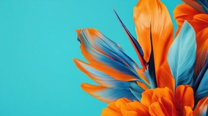 A stunning paradise flower reveals its striking orange and blue petals, creating a captivating display. The vivid colors pop against the bright turquoise backdrop, evoking serenity and beauty