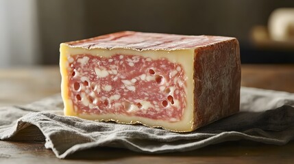 A Salami And Cheese Block Sits On Linen