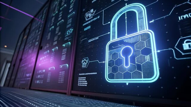 Futuristic AI-Powered Cybersecurity with Holographic Padlock