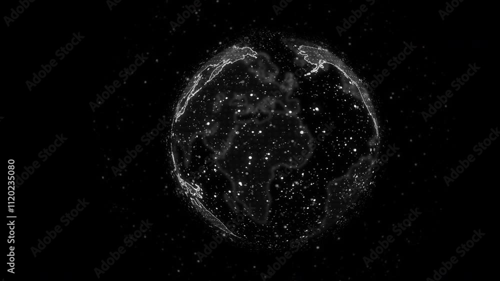 Poster a captivating animation of a digital earth rotating slowly, composed of countless particles and ligh