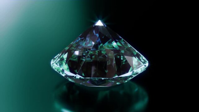 Round diamond cut on green background rotating 360. 3d animation of gem stone