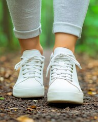 Exercise Holistic Diet Concept. Person walking on a forest trail in stylish white sneakers amidst nature's beauty.