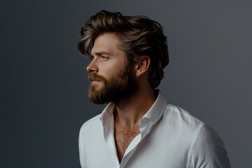 Obraz premium A handsome man with a beard, wearing a white shirt, in profile view, isolated on gray background.