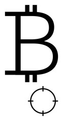Large Bitcoin symbol accompanied by a crosshair. Ideal for cryptocurrency investment, blockchain technology, digital currency, financial strategy, market targeting, trading precision, modern finance