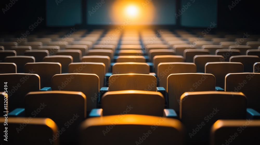 Poster empty movie theater rows with illuminated screen creating a warm atmosphere for future film screenin