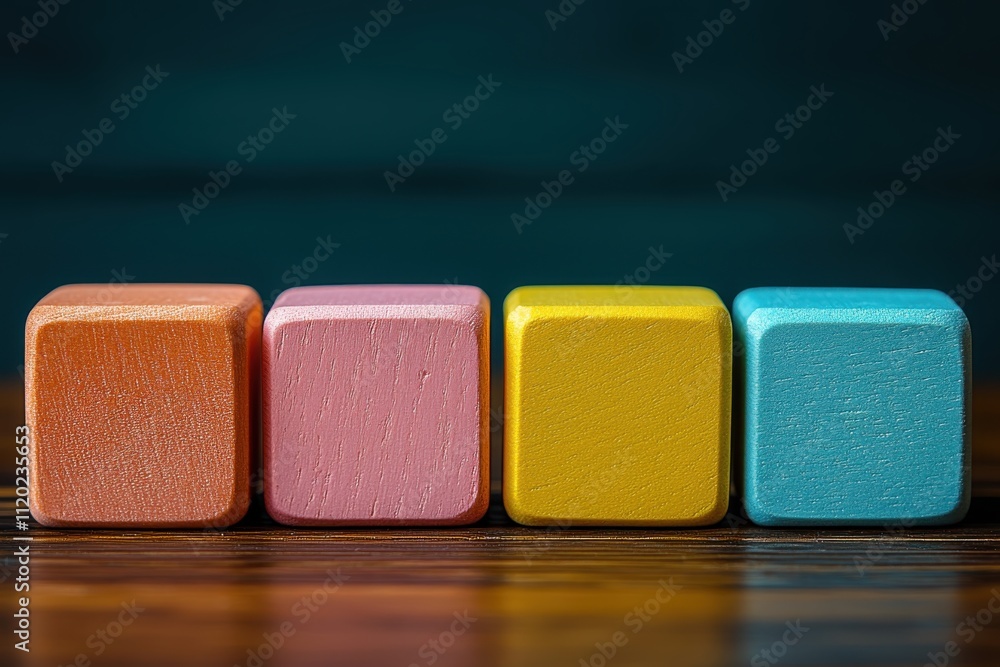Poster four colorful wooden blocks arranged in a row on a wooden surface.