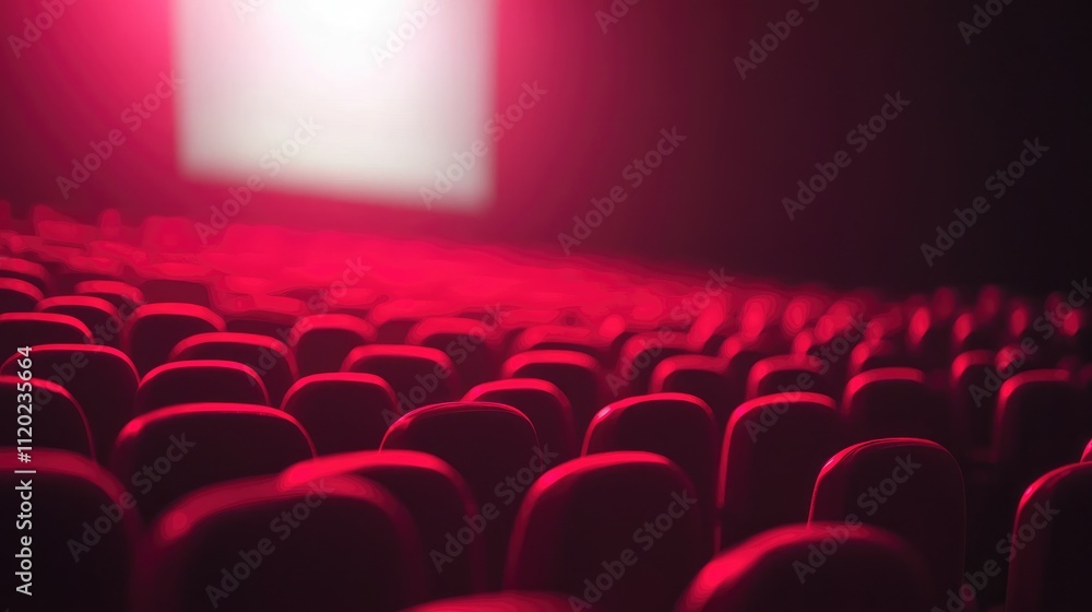 Poster empty theater seating with red lighting and a blurred projection screen in the background, creating 
