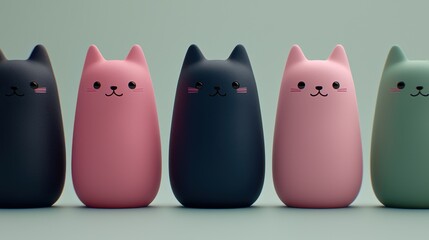 Five cute cartoon cats in a row, different pastel colors.