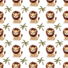Obraz premium Watercolor pattern featuring playful lions and tropical palm trees in soft colors