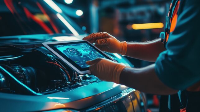 a car mecanic measuring car co2 on an ipad,