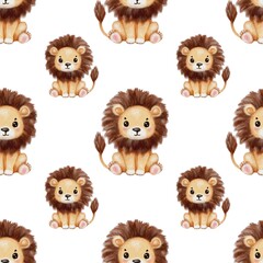 Colorful watercolor illustration of adorable lions on a white background