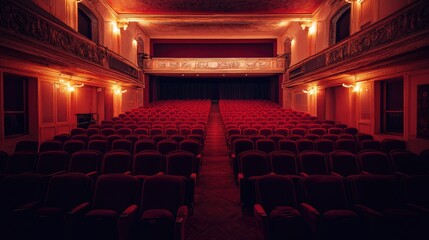 Elegant Empty Theater with Plush Red Seats and Warm Lighting, Featuring Historic Architecture and Inviting Atmosphere for Film Lovers and Performance Enthusiasts